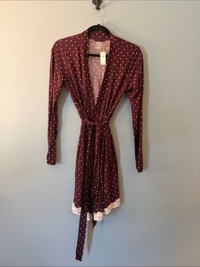 Aerie Maroon Polka Dot Wrap Robe with Lace Trim XS Woman’s